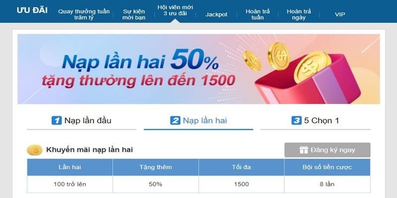 Thưởng nạp lần 2 lên đến 50%